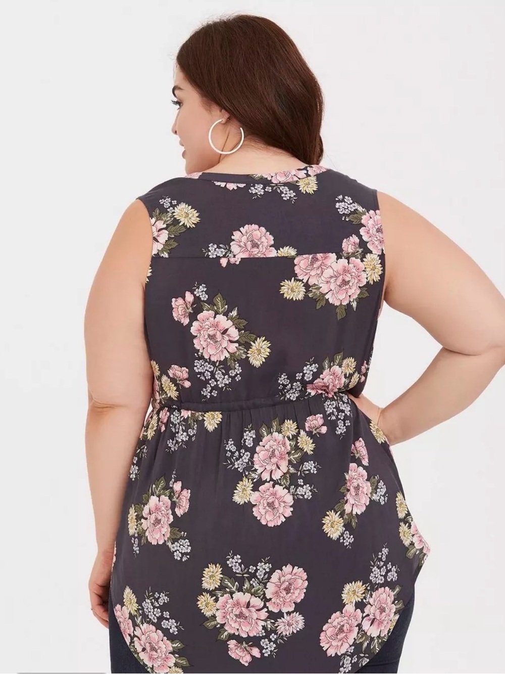 Torrid size 5 Black Floral Sleeveless Tunic with Pink and Green Bouquet Print